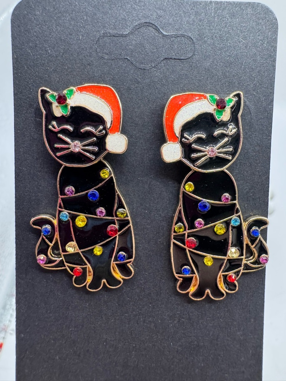 BaubleBar Black Cat Christmas Santa Hat lights Earrings kitschy moving body